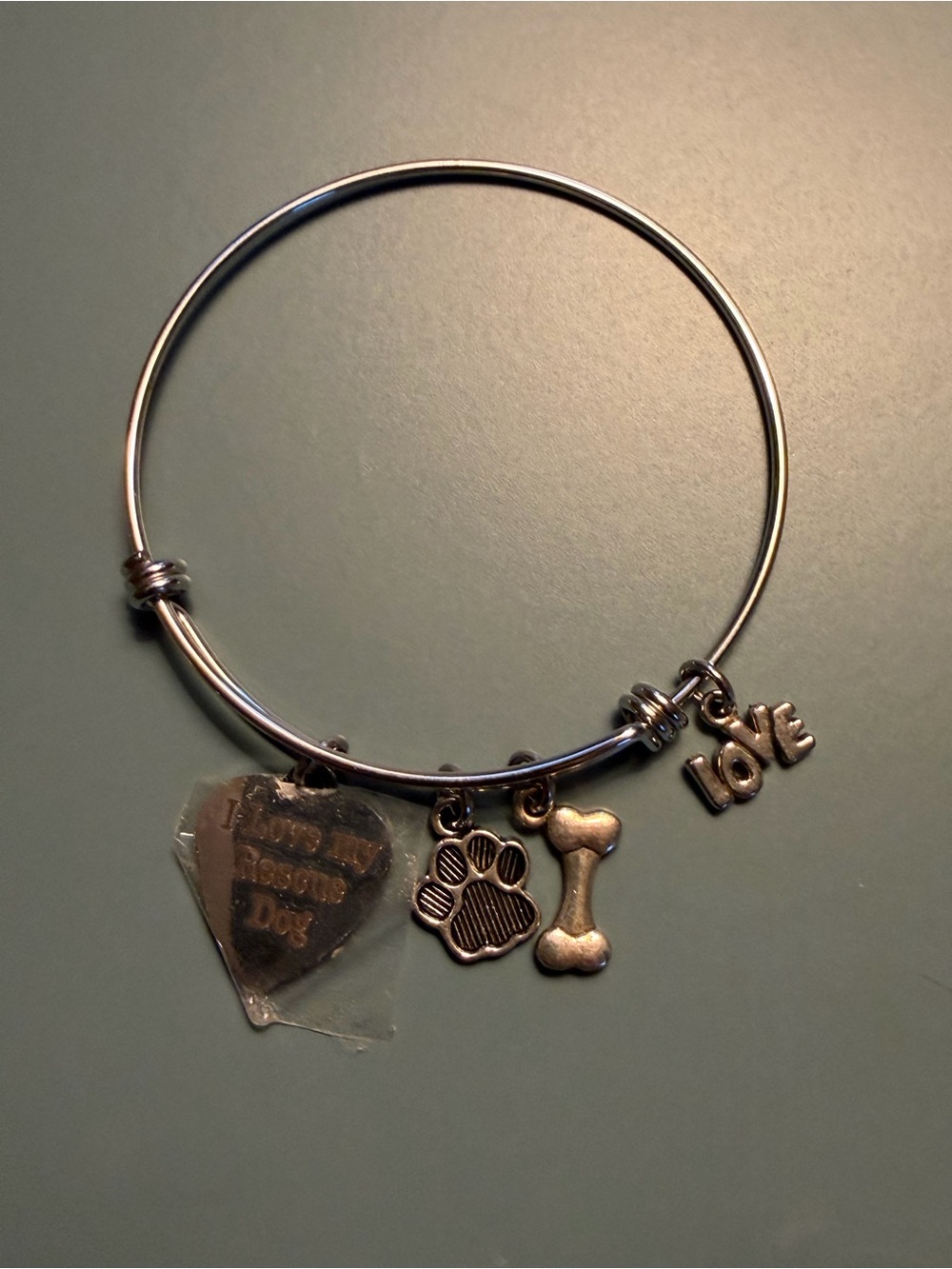 Silver Tone Dog Charm Bangle Bracelet - Paw, Bone & LOVE